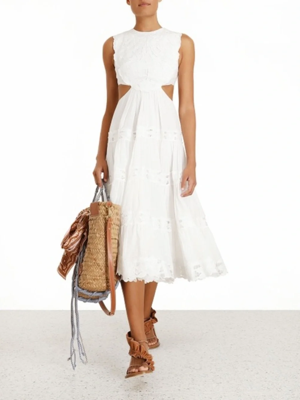 Zimmermann Cassia White Sleeveless Cutout Midi Dress - Size 2 = US 6/8